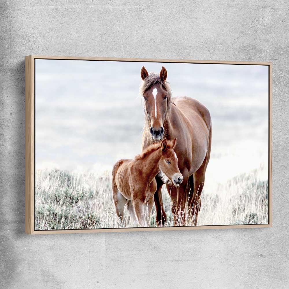 Animal wall art and canvas prints of Horse Love with raw oak framed canvas