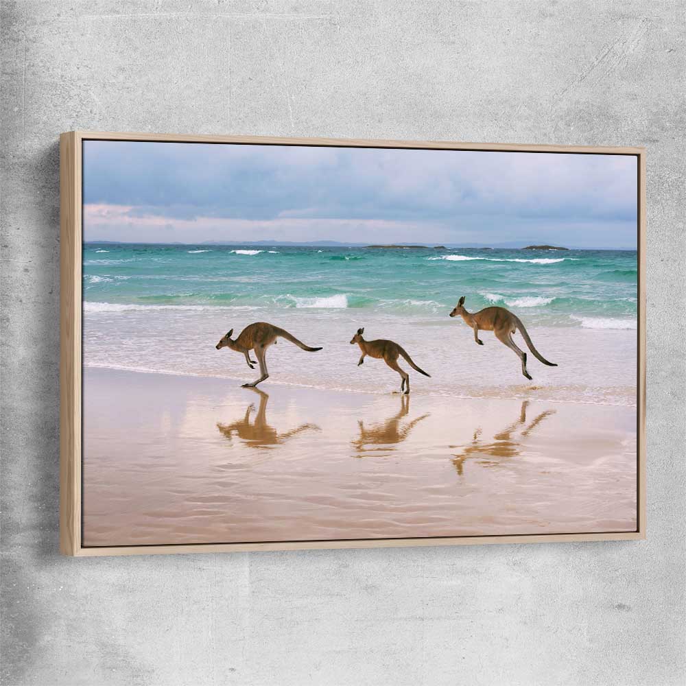 Animal wall art and canvas prints of Kangaroo Family with raw oak framed canvas