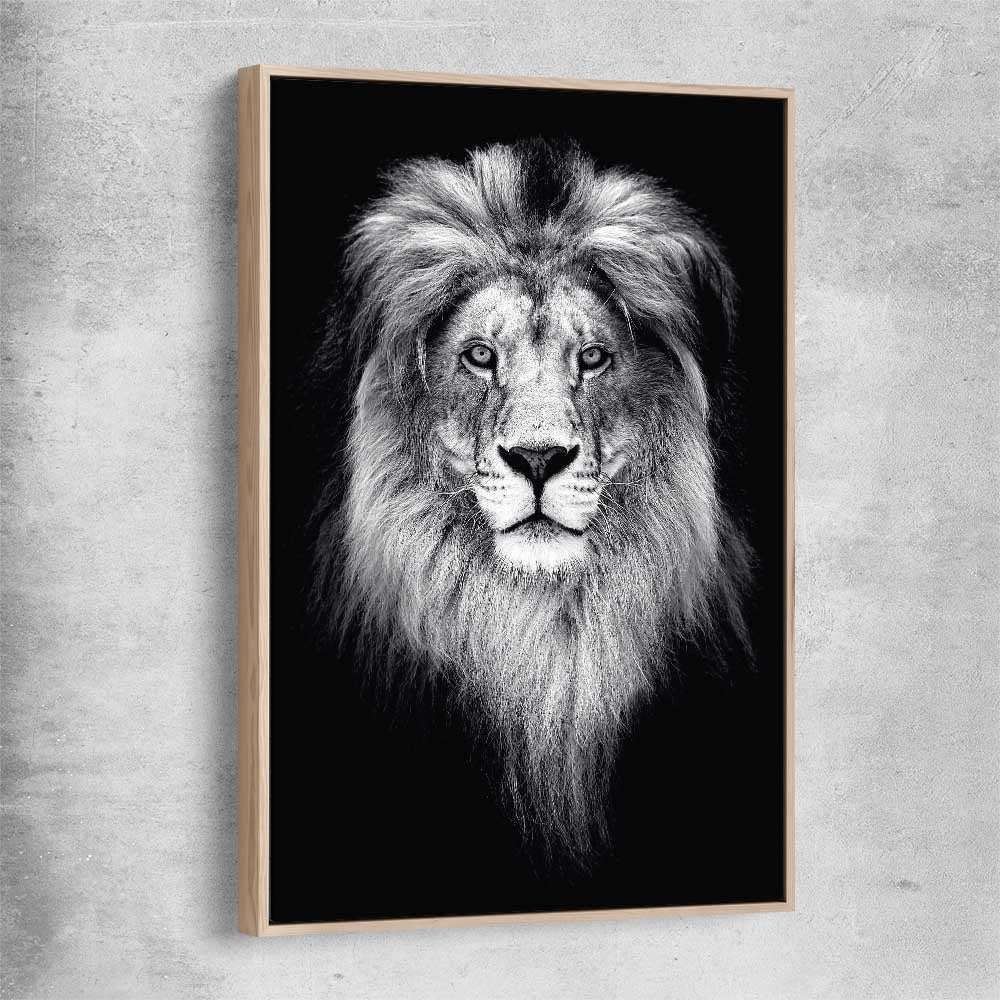 Animal wall art and canvas prints of Lion Gaze with raw oak framed canvas