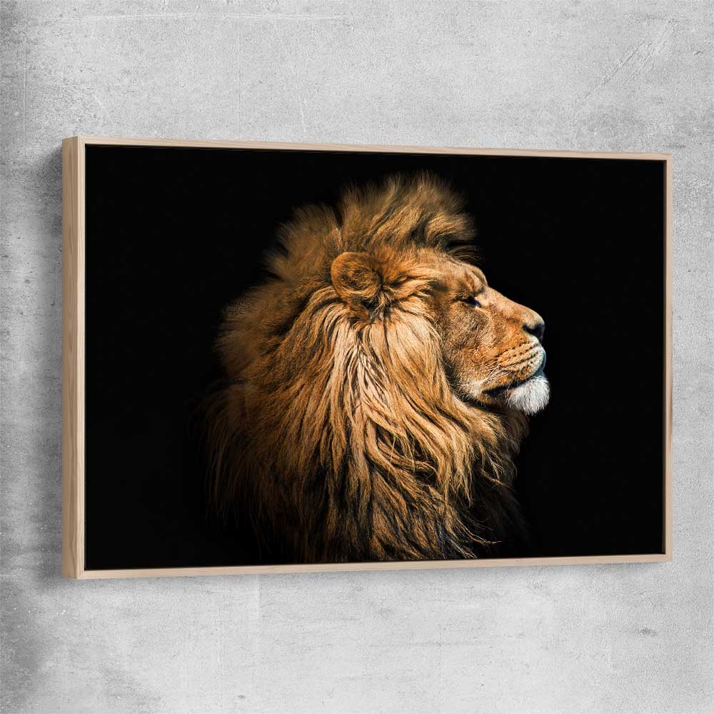 Animal wall art and canvas prints of Lion Mentality with raw oak framed canvas