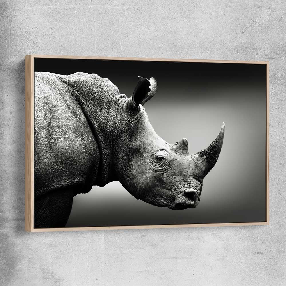 Animal wall art and canvas prints of Monochrome Rhinoceros with raw oak framed canvas