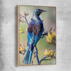 Animal wall art and canvas prints of New Zealand Tui with raw oak framed canvas