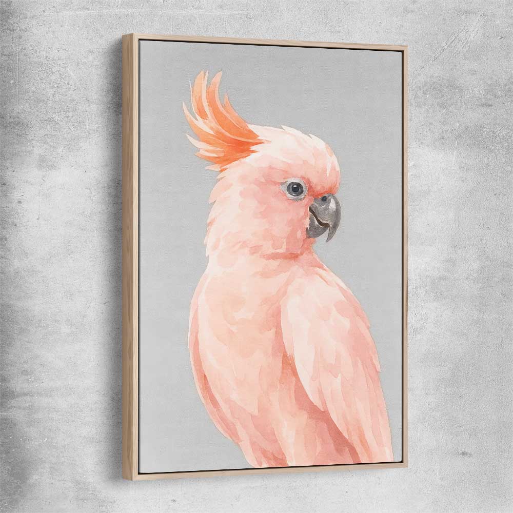 Animal wall art and canvas prints of Salmon-crested Cockatoo with raw oak framed canvas