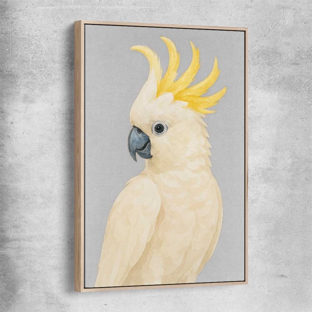 Animal wall art and canvas prints of Sulphur-crested Cockatoo with raw oak framed canvas