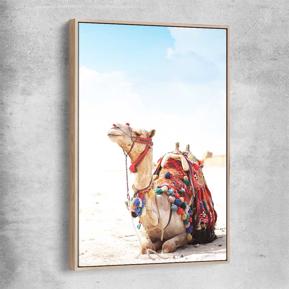 Animal wall art and canvas prints of Vibrant Camel with raw oak framed canvas