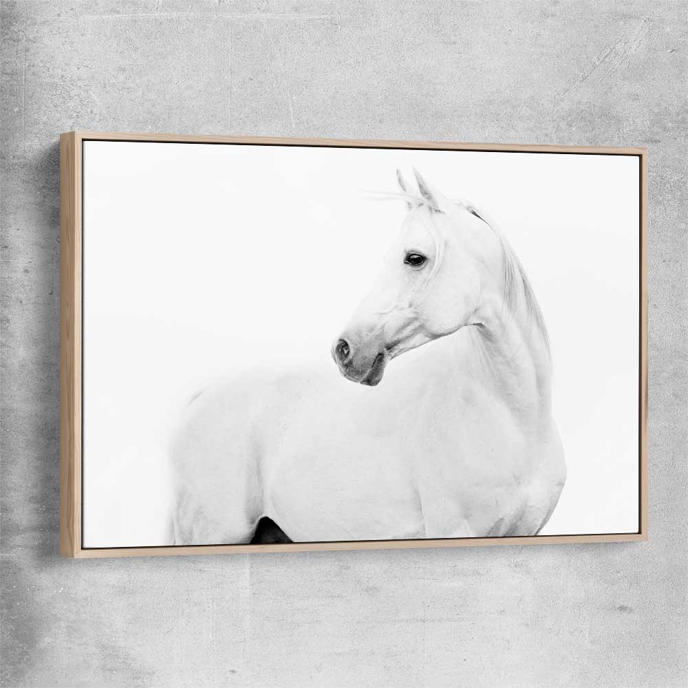 Animal wall art and canvas prints of White Horse with raw oak framed canvas