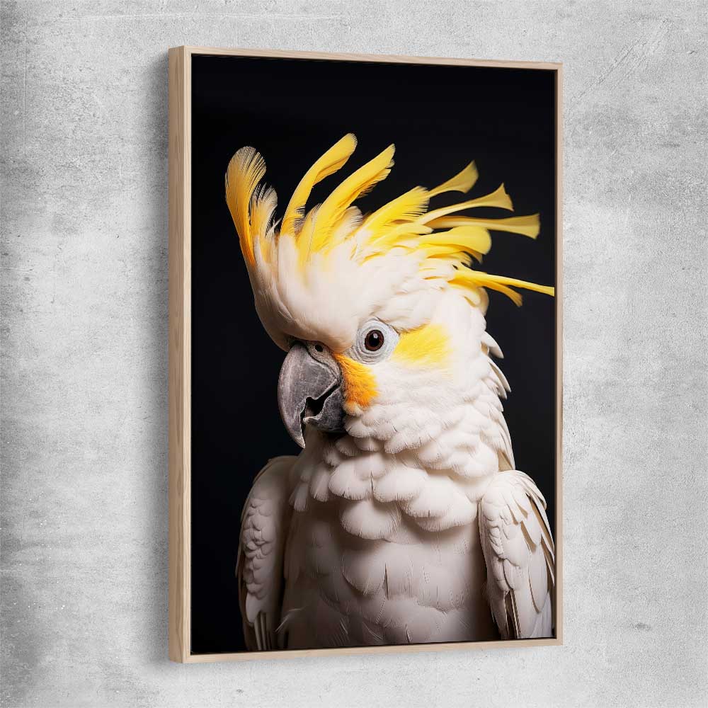 Animal wall art and canvas prints of Yellow Cockatoo Two with raw oak framed canvas