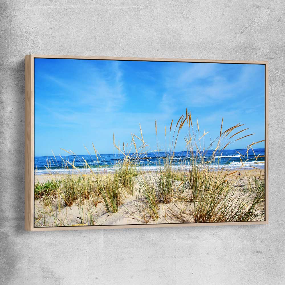 Beach and coastal wall art print of Algarve Dune Flora with raw oak framed canvas