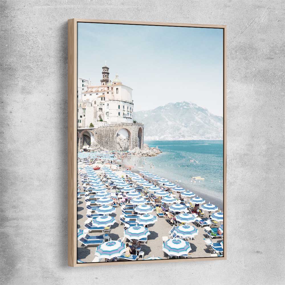 Beach and coastal wall art print of Amalfi Coast with raw oak framed canvas
