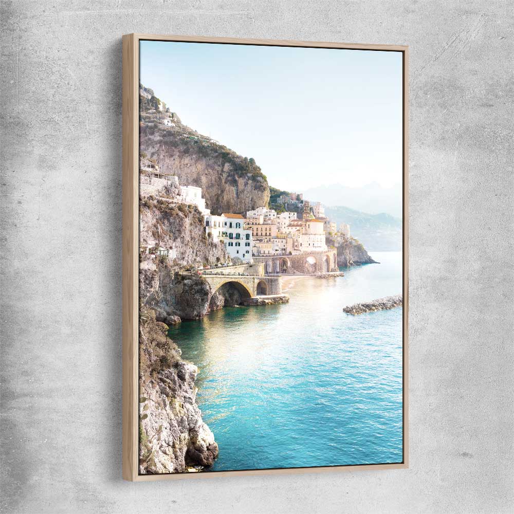 Beach and coastal wall art print of Amalfi Edge with raw oak framed canvas