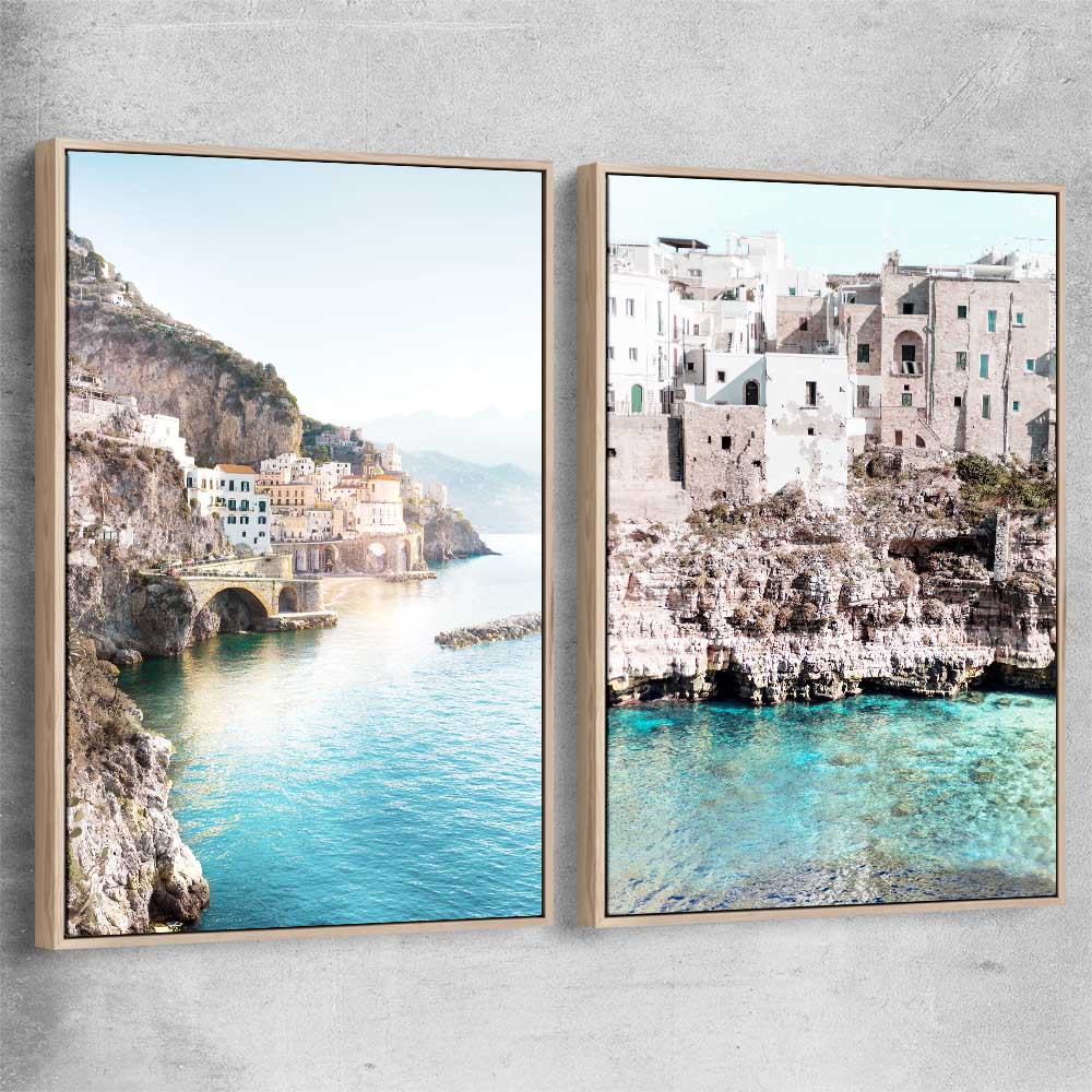 Beach and coastal wall art print of Amalfi Edge Pair with raw oak framed canvas
