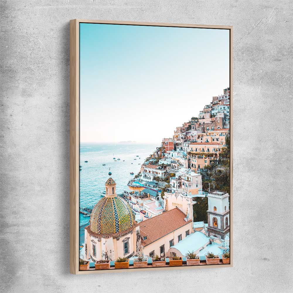 Beach and coastal wall art print of Amalfi View with raw oak framed canvas