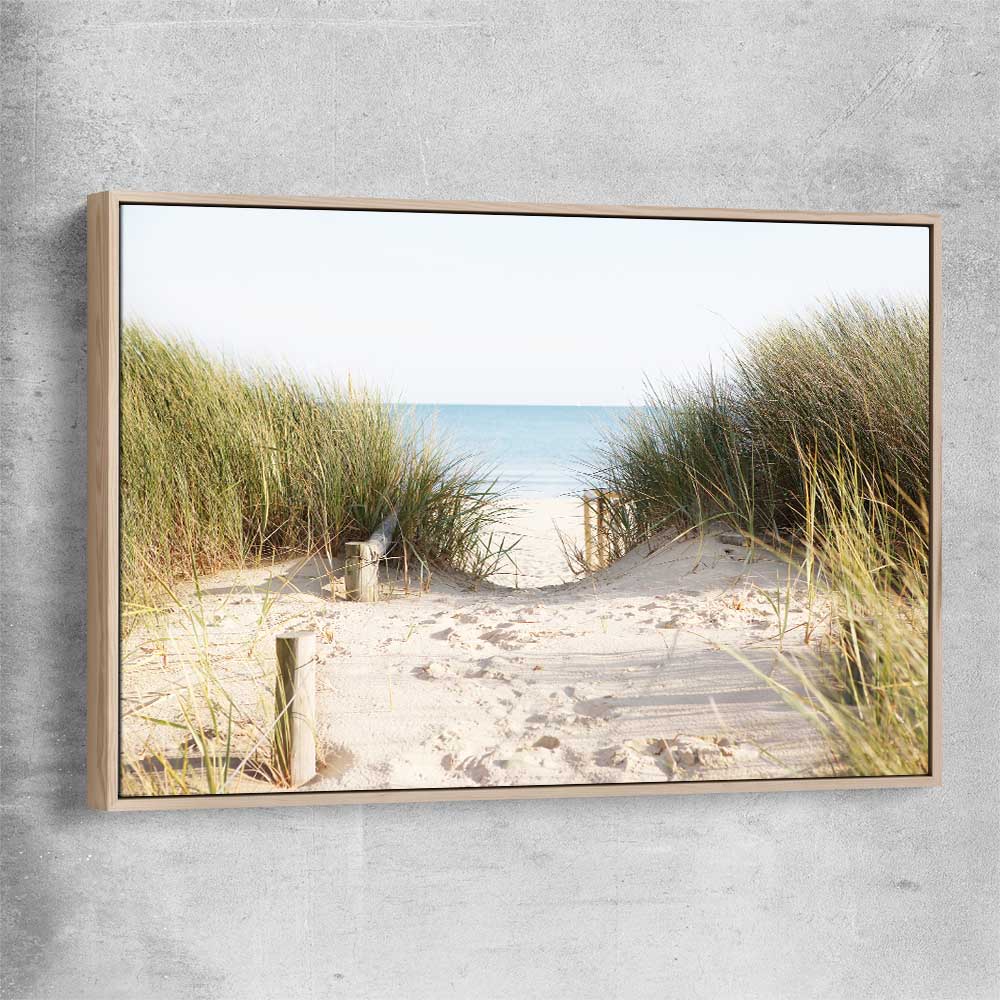 Beach and coastal wall art print of Beach Horizon with raw oak framed canvas