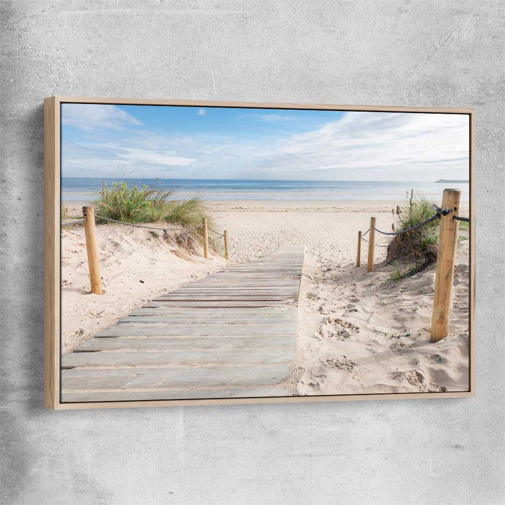 Beach and coastal wall art print of Beautiful Beach Path with raw oak framed canvas