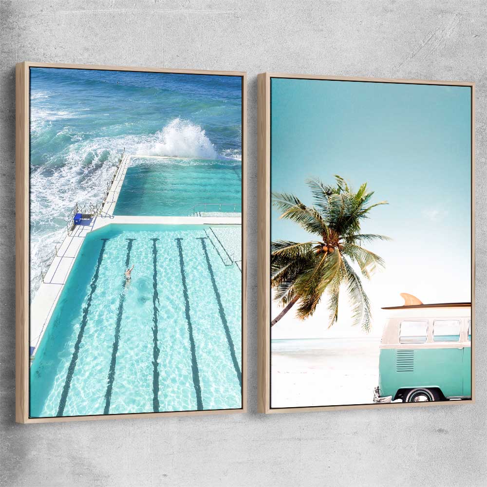 Beach and coastal wall art print of Bondi Iceberg Pair with raw oak framed canvas