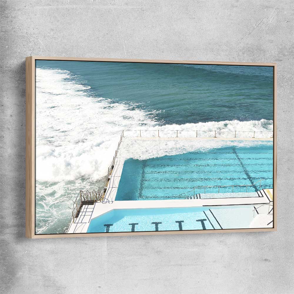 Beach and coastal wall art print of Bondi Iceberg Tide with raw oak framed canvas