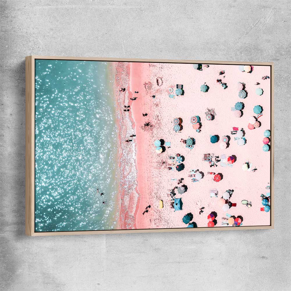 Beach and coastal wall art print of Bondi Pink Aerial with raw oak framed canvas