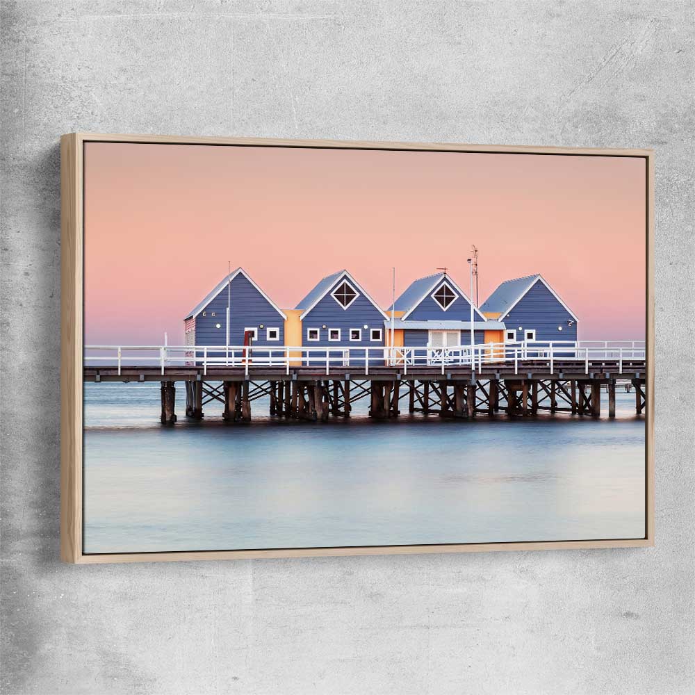 Beach and coastal wall art print of Busselton Jetty with raw oak framed canvas