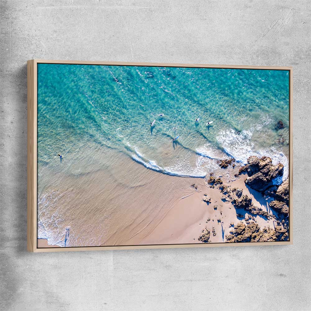 Beach and coastal wall art print of Byron Bay Rocks with raw oak framed canvas