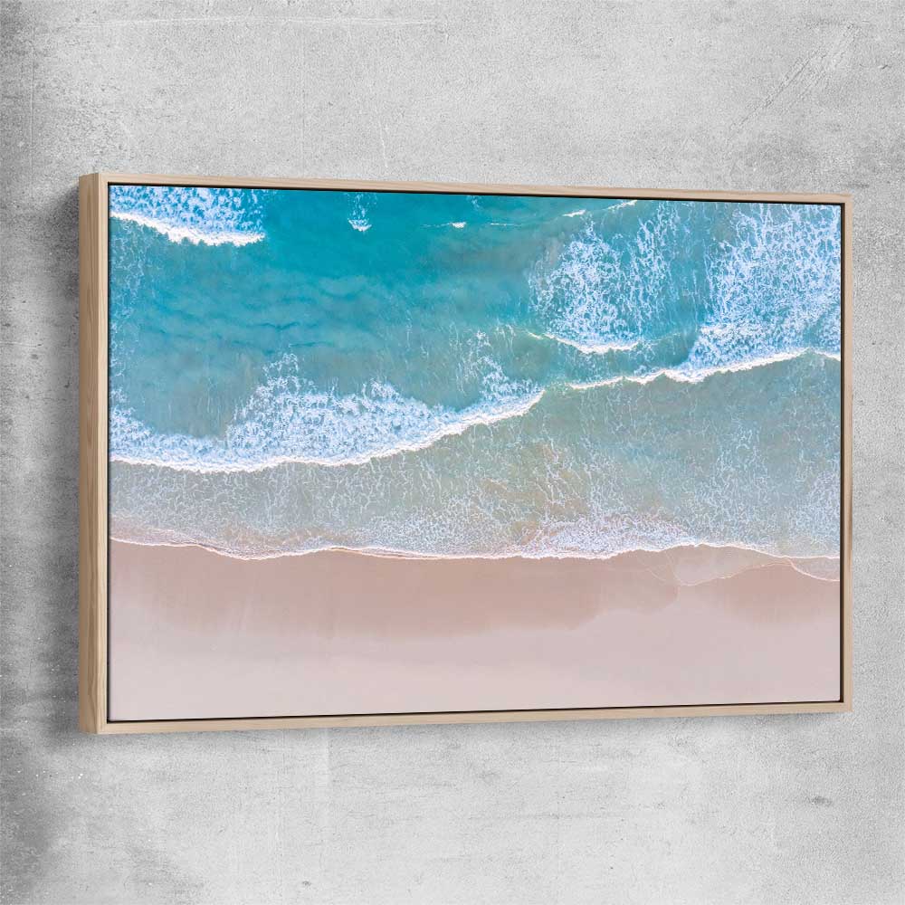 Beach and coastal wall art print of Calm Waves with raw oak framed canvas