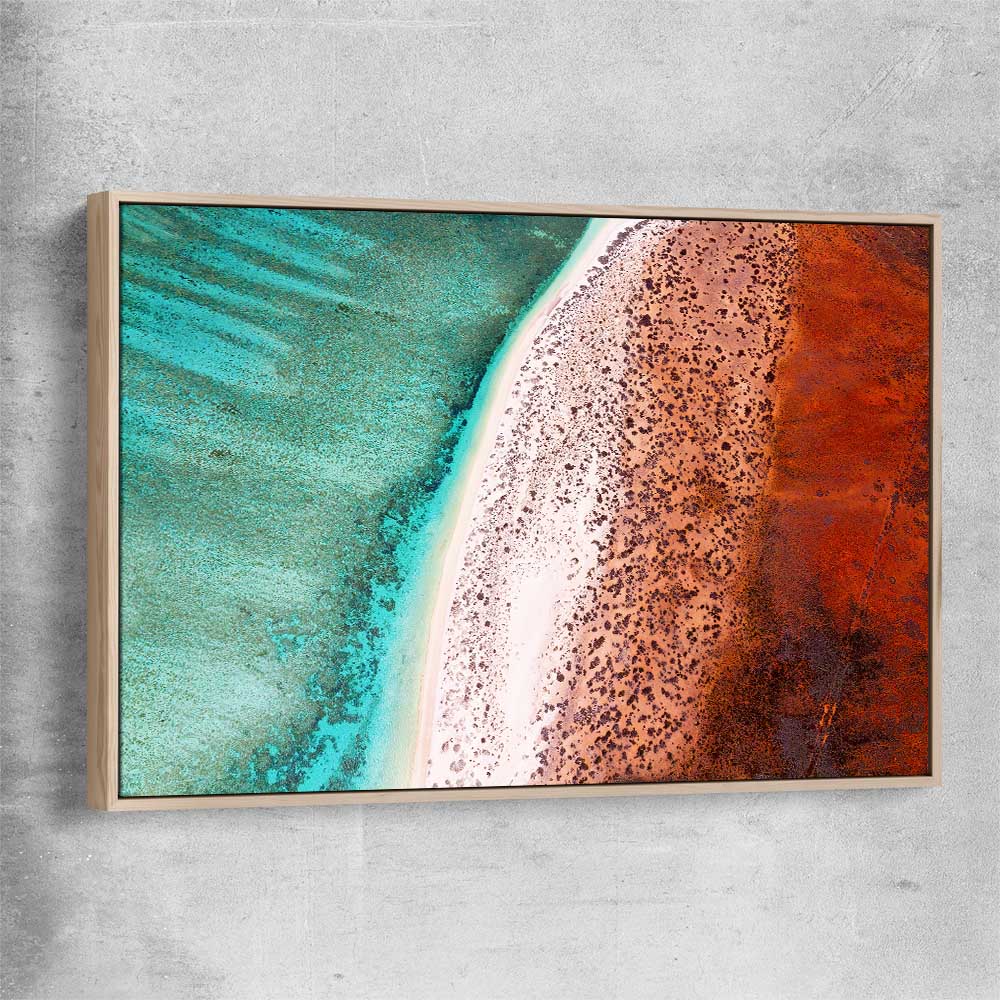 Beach and coastal wall art print of Cape Range Aerial with raw oak framed canvas