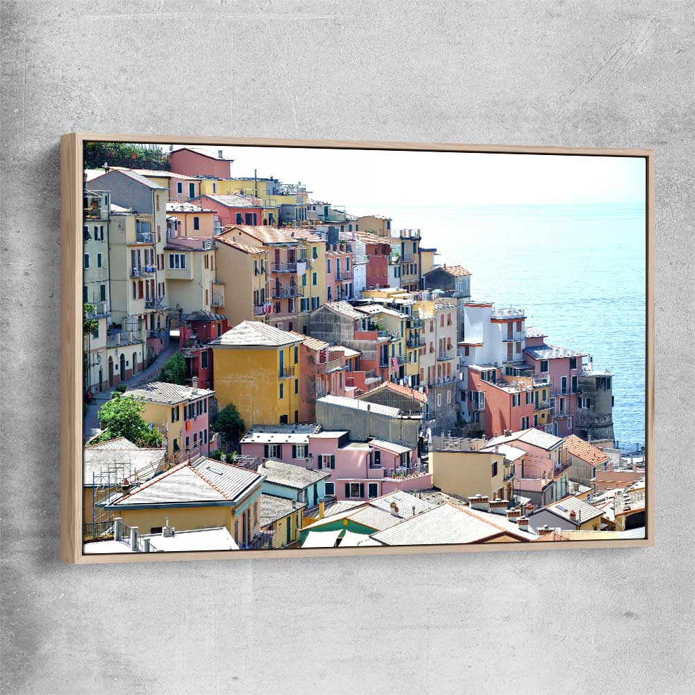 Beach and coastal wall art print of Cinque Terre with raw oak framed canvas