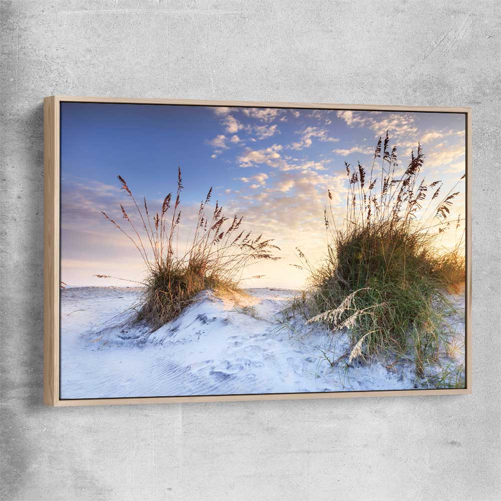 Beach and coastal wall art print of Coastal Sunrise with raw oak framed canvas