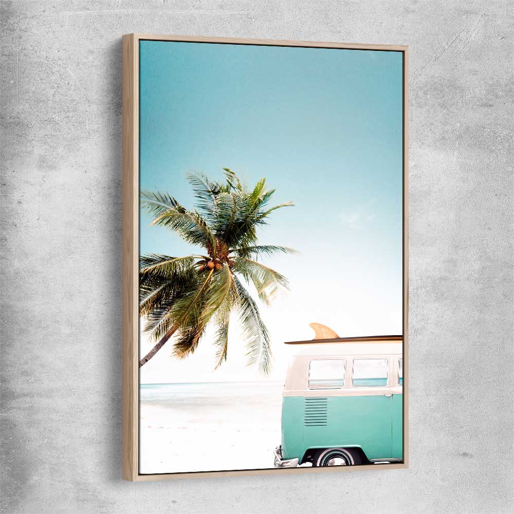 Beach and coastal wall art print of Combi Van Beach with raw oak framed canvas