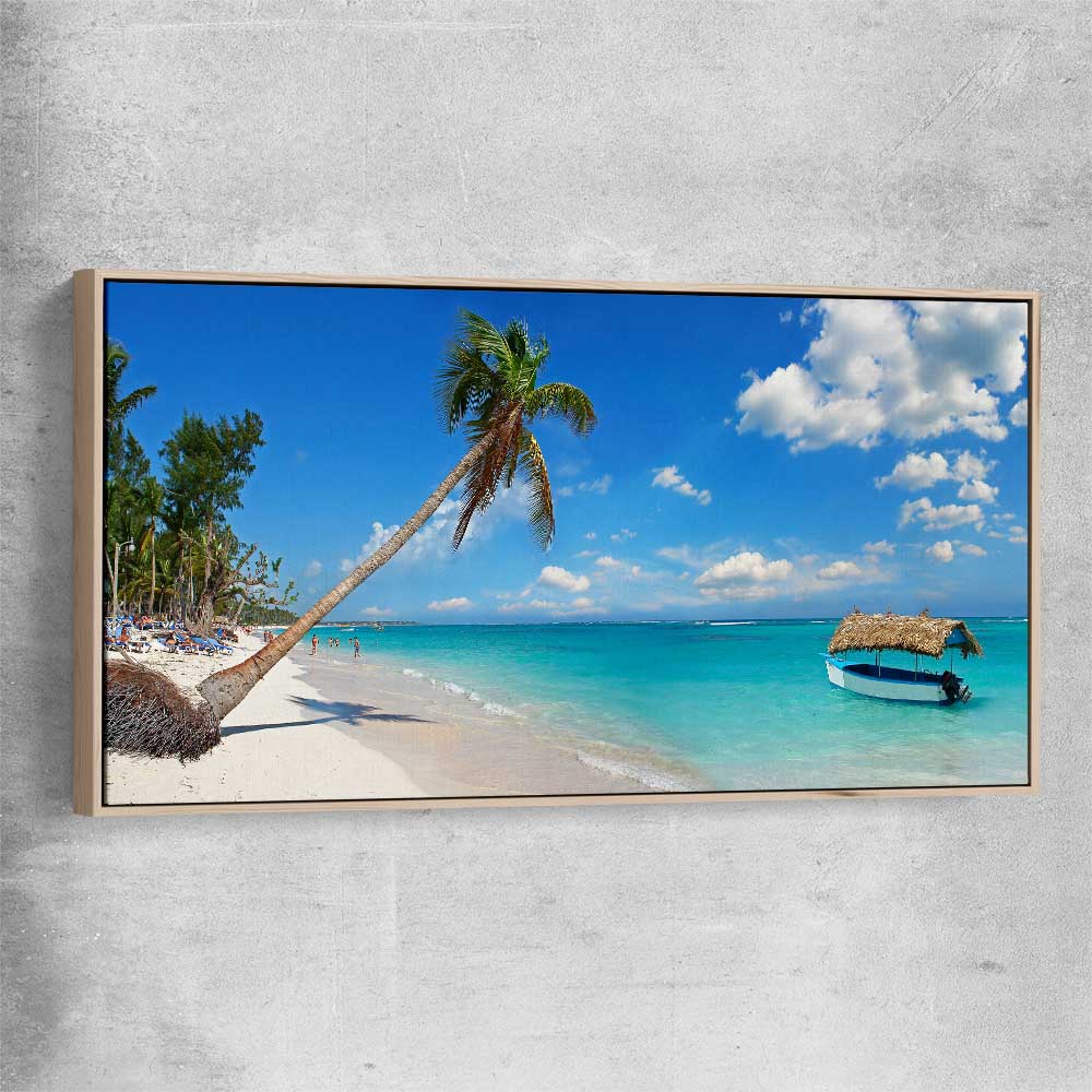 Beach and coastal wall art print of Dominican Republic Beach with raw oak framed canvas