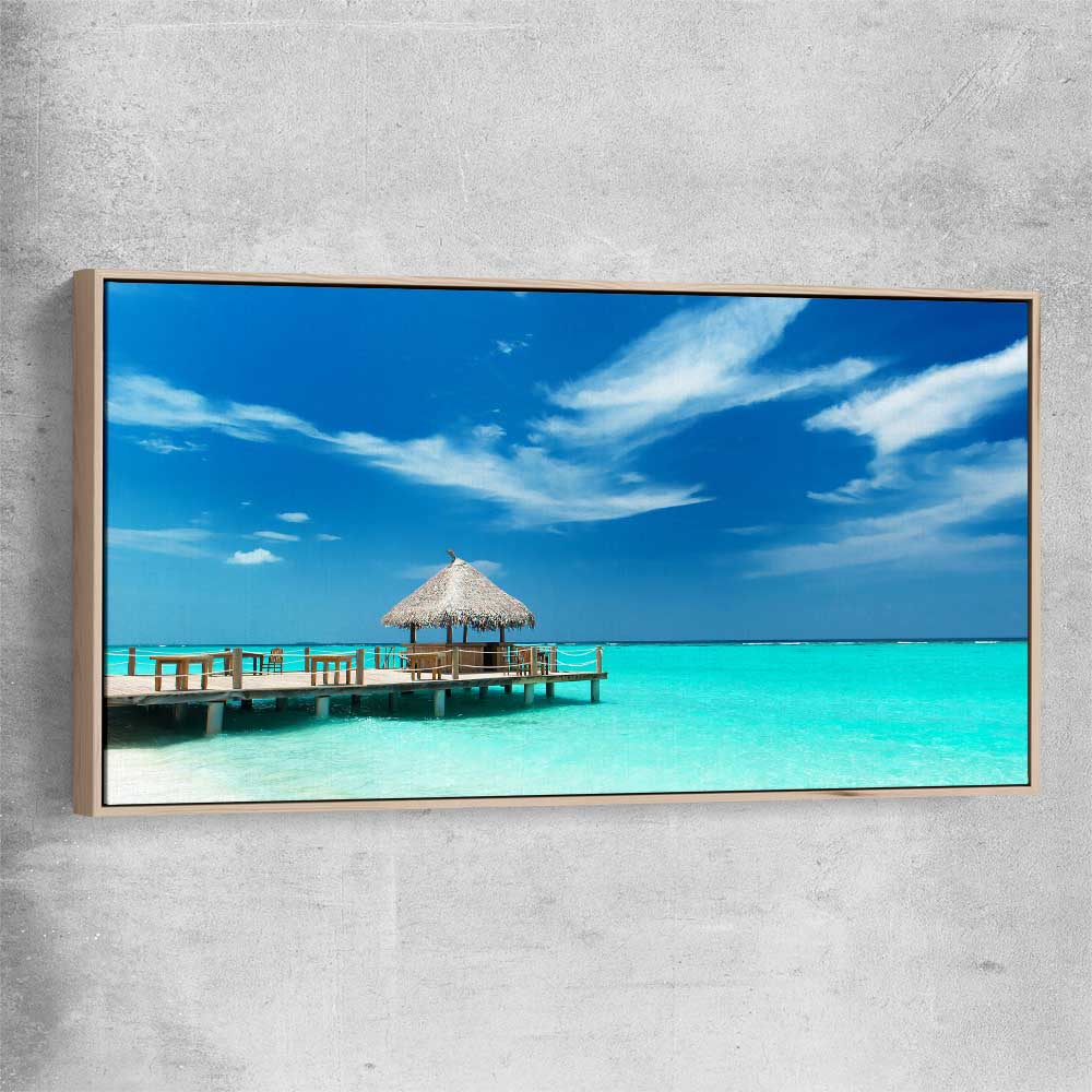 Beach and coastal wall art print of Exotic Beach Bar with raw oak framed canvas