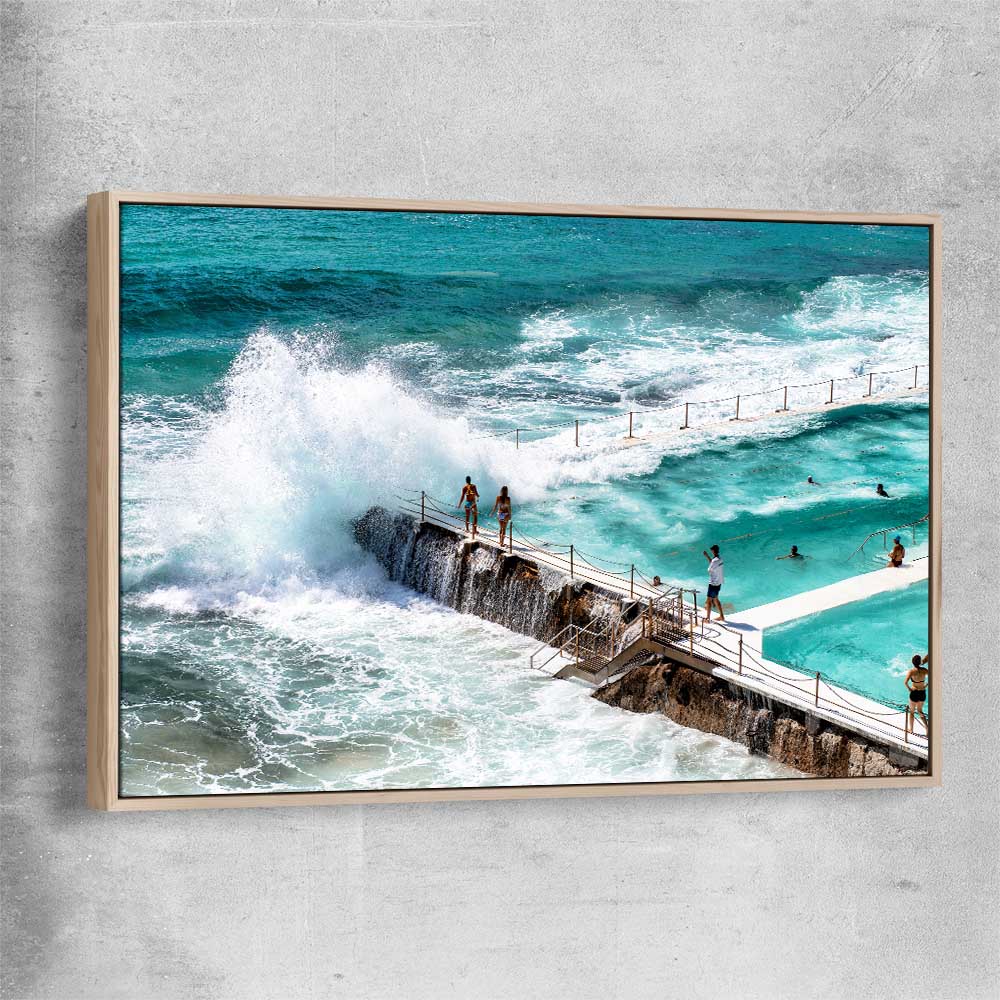 Beach and coastal wall art print of Freezing Icebergs with raw oak framed canvas