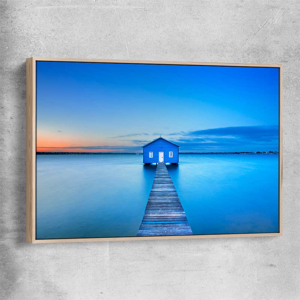 Beach and coastal wall art print of Matilda Bay Boathouse with raw oak framed canvas