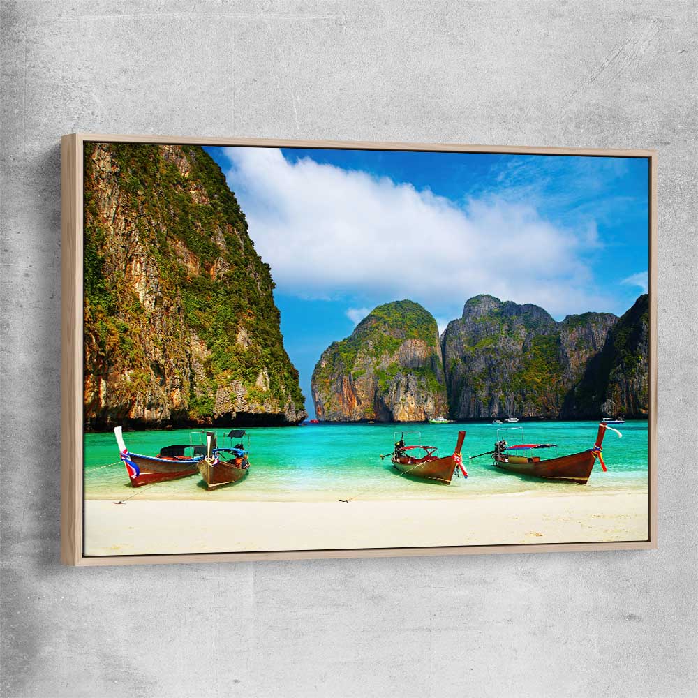 Beach and coastal wall art print of Maya Bay Beach with raw oak framed canvas