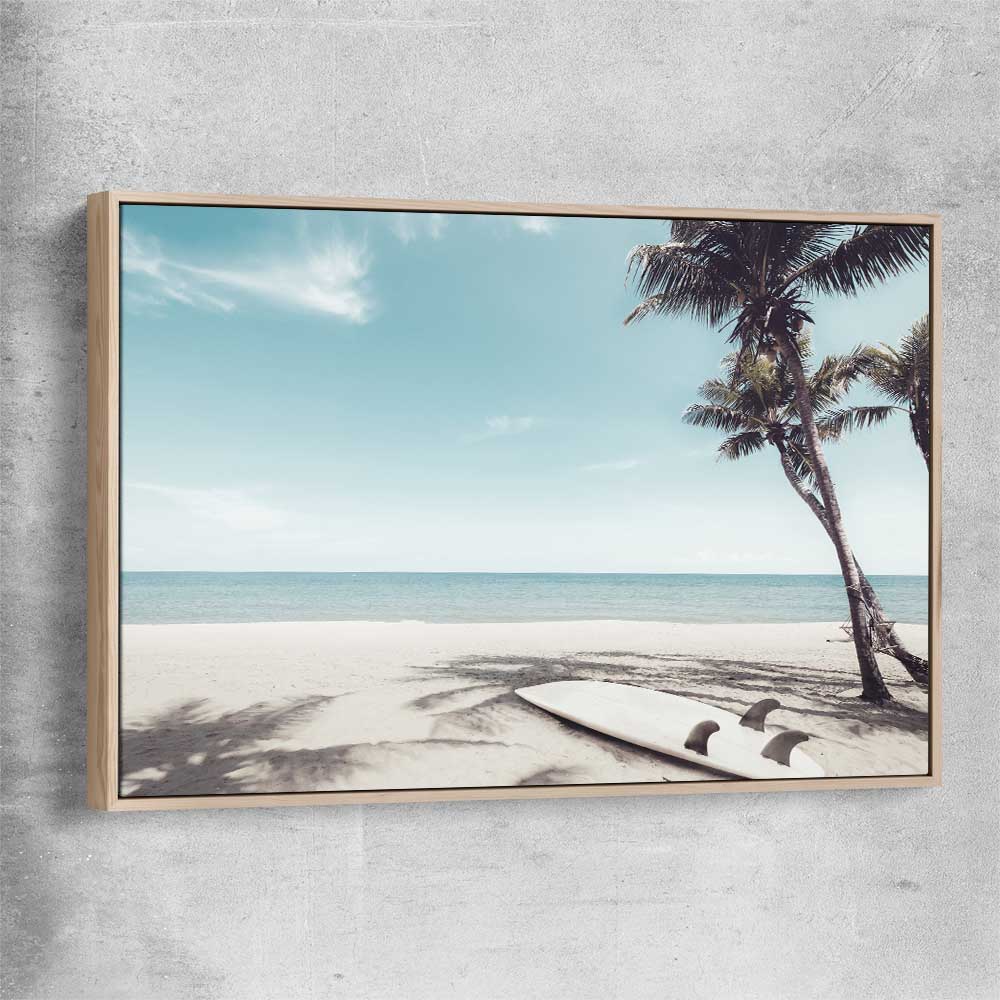 Beach and coastal wall art print of Palm Tropics with raw oak framed canvas