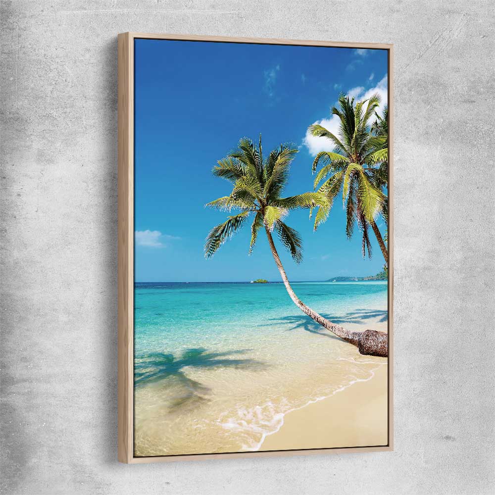 Beach and coastal wall art print of Paradise Palms with raw oak framed canvas