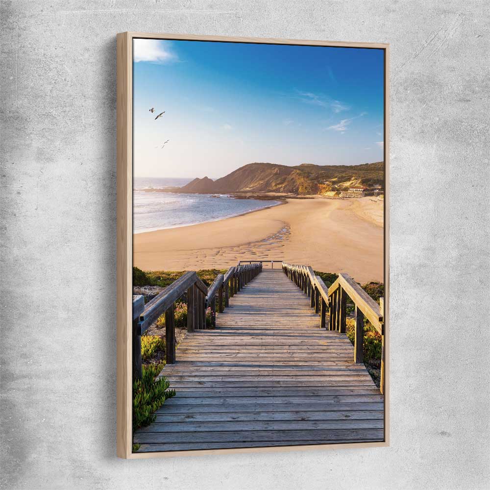 Beach and coastal wall art print of Paradise Walkway with raw oak framed canvas