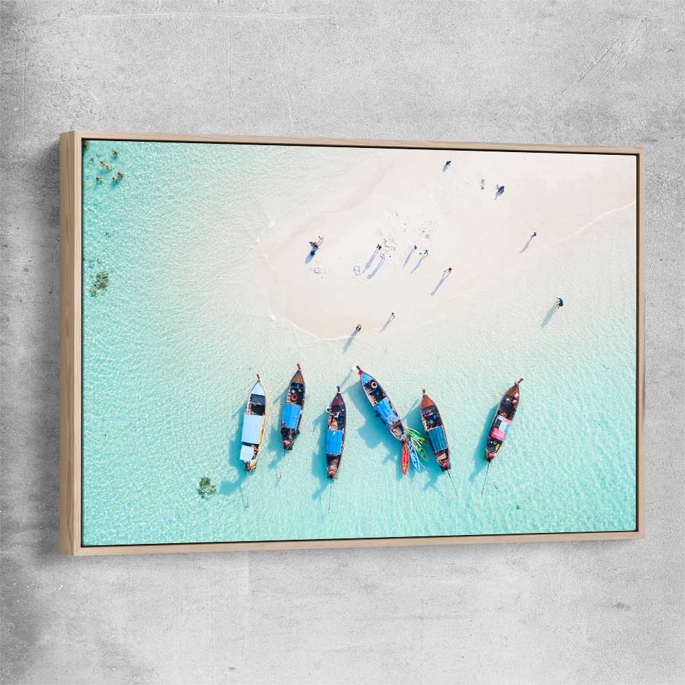 Beach and coastal wall art print of Phuket Aerial with raw oak framed canvas