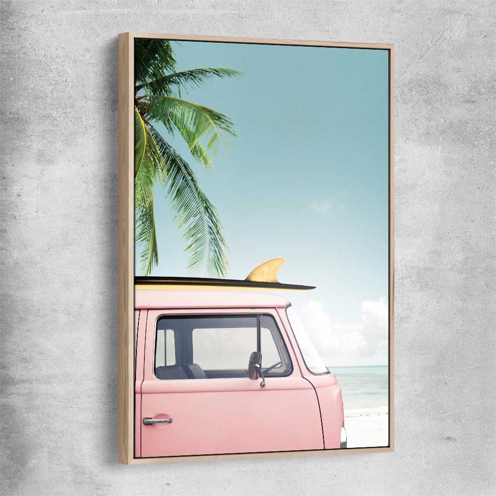 Beach and coastal wall art print of Pink Combi with raw oak framed canvas