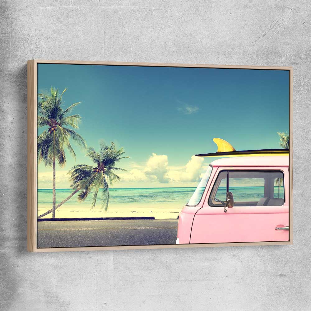 Beach and coastal wall art print of Pink Combi Surf with raw oak framed canvas