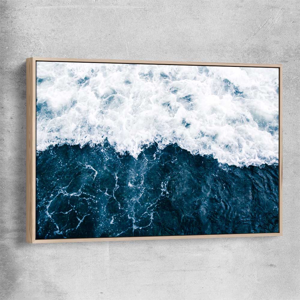 Beach and coastal wall art print of Refreshing Waves with raw oak framed canvas