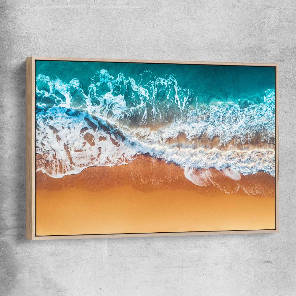 Beach and coastal wall art print of Sandy Waves with raw oak framed canvas
