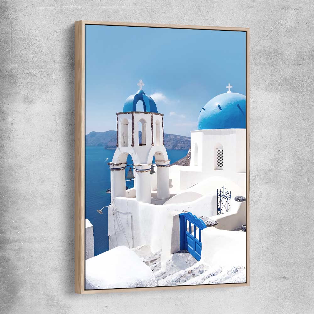Beach and coastal wall art print of Santorini Dreaming with raw oak framed canvas