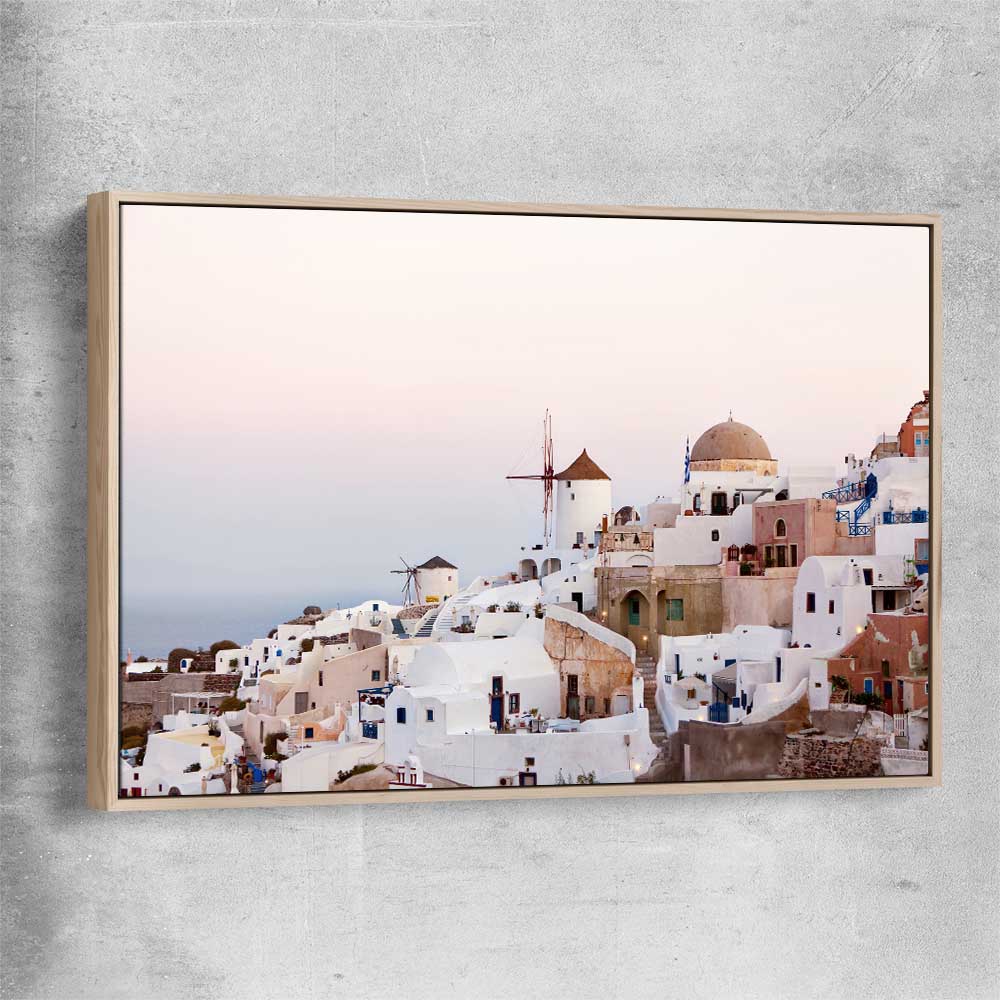 Beach and coastal wall art print of Santorini Sunrise with raw oak framed canvas