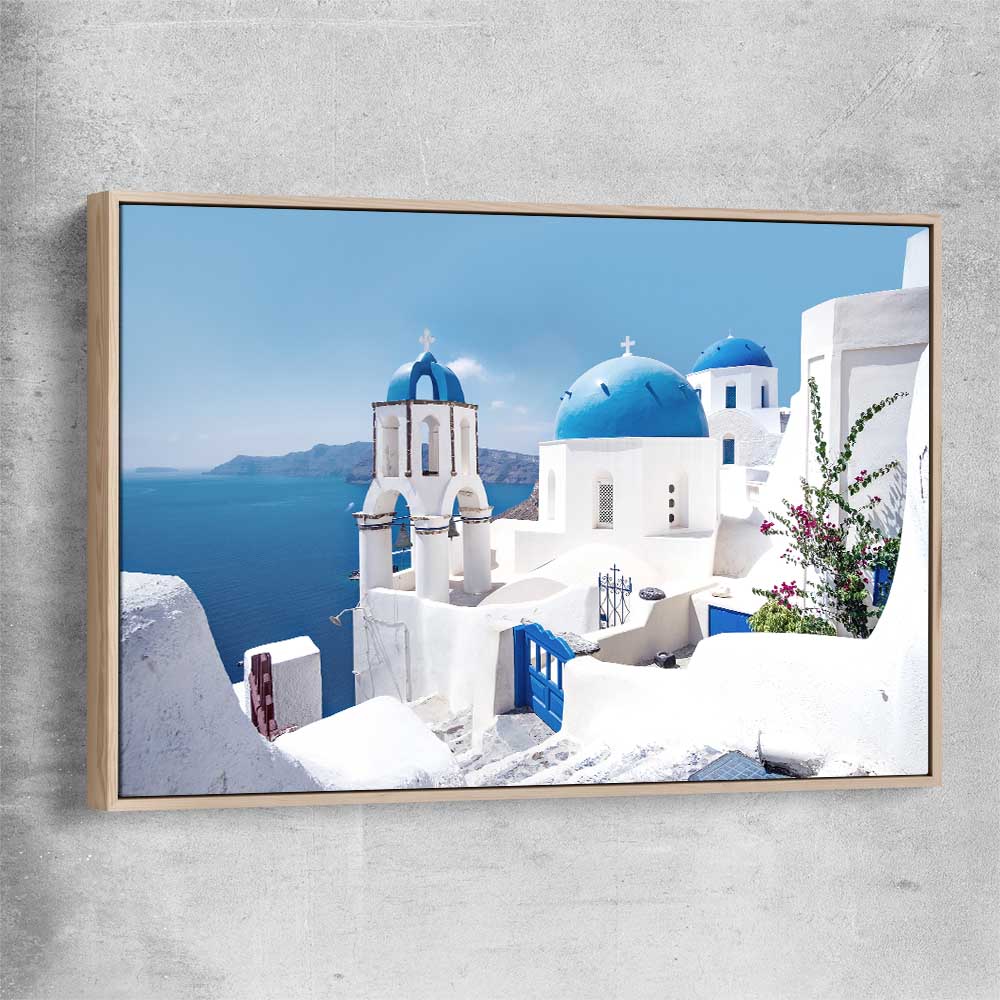 Beach and coastal wall art print of Santorini Views with raw oak framed canvas