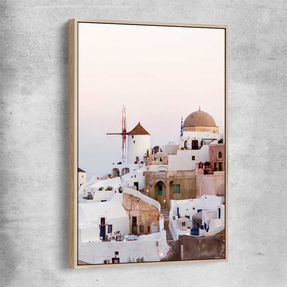 Beach and coastal wall art print of Santorini Windmill with raw oak framed canvas