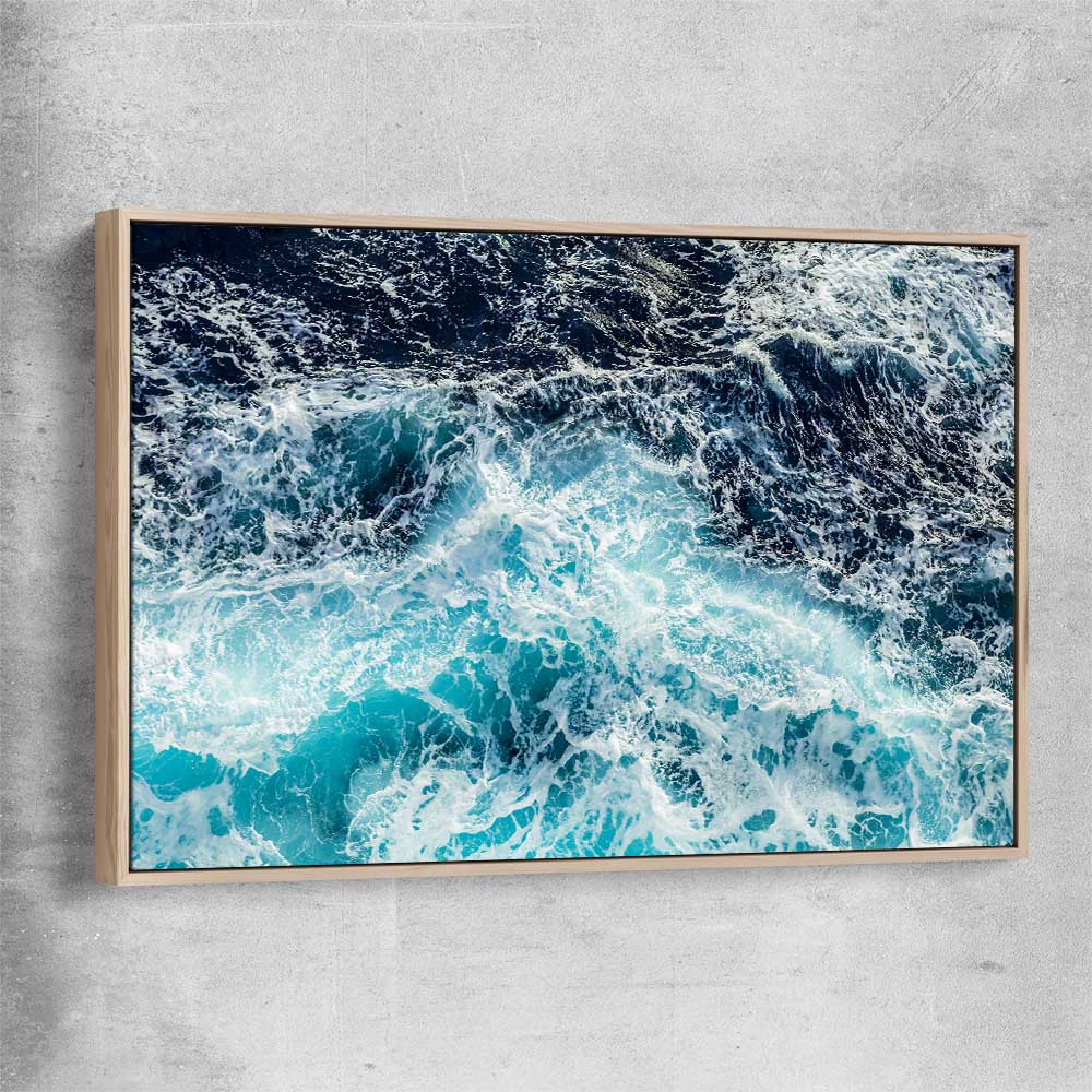 Beach and coastal wall art print of Sea Waves with raw oak framed canvas