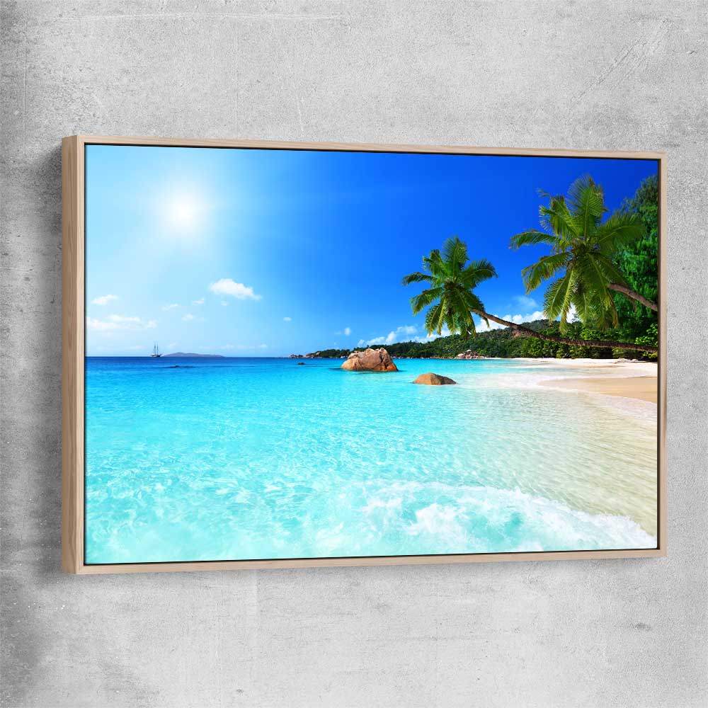 Beach and coastal wall art print of Seychelles Crystal Water with raw oak framed canvas