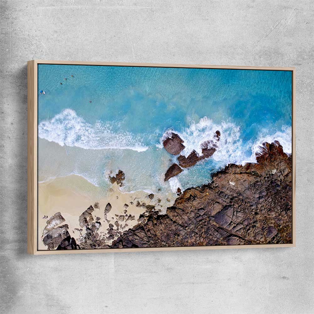 Beach and coastal wall art print of Smiths Beach with raw oak framed canvas
