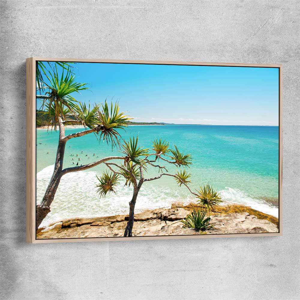 Beach and coastal wall art print of Stradbroke Island Beach with raw oak framed canvas