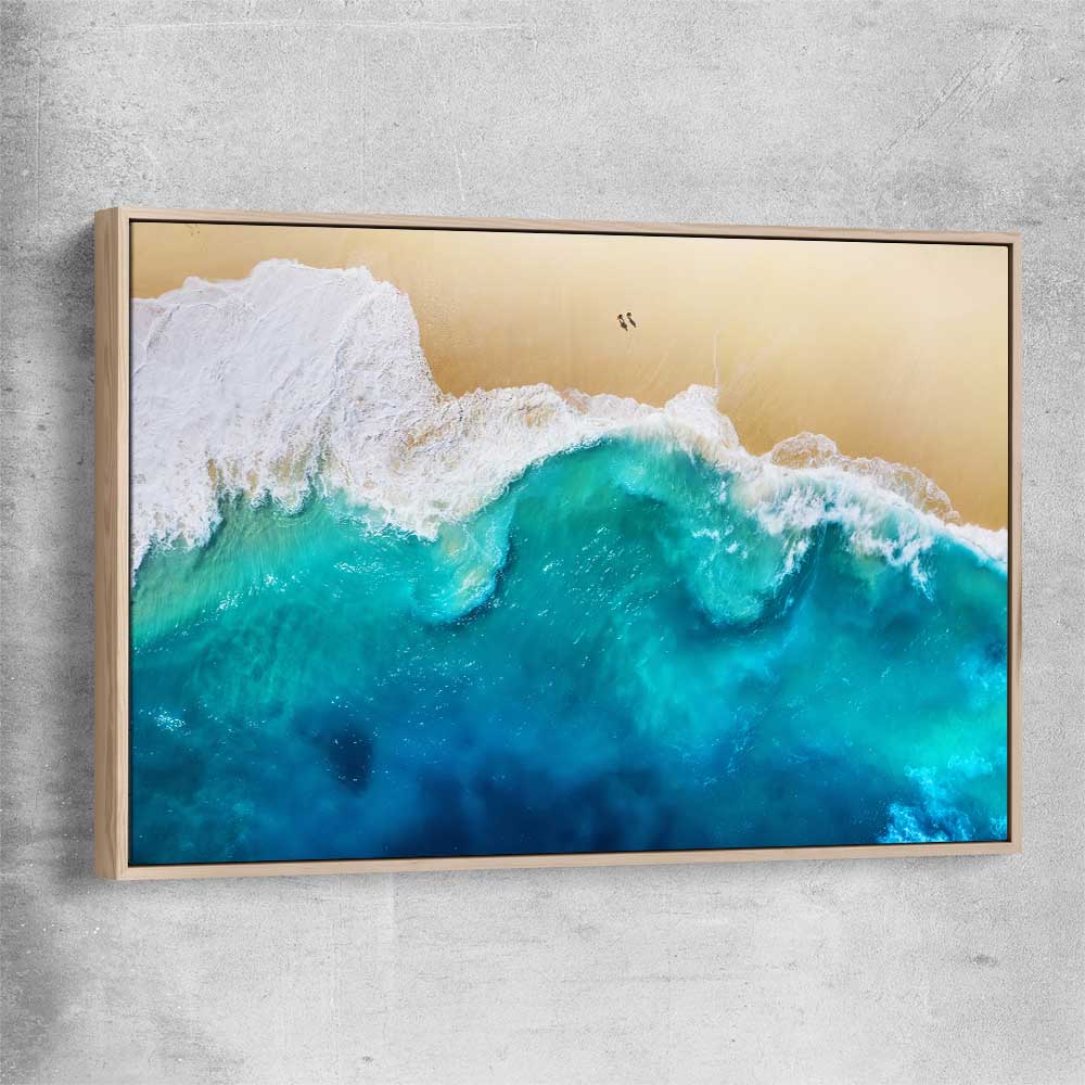 Beach and coastal wall art print of Summer Waves with raw oak framed canvas